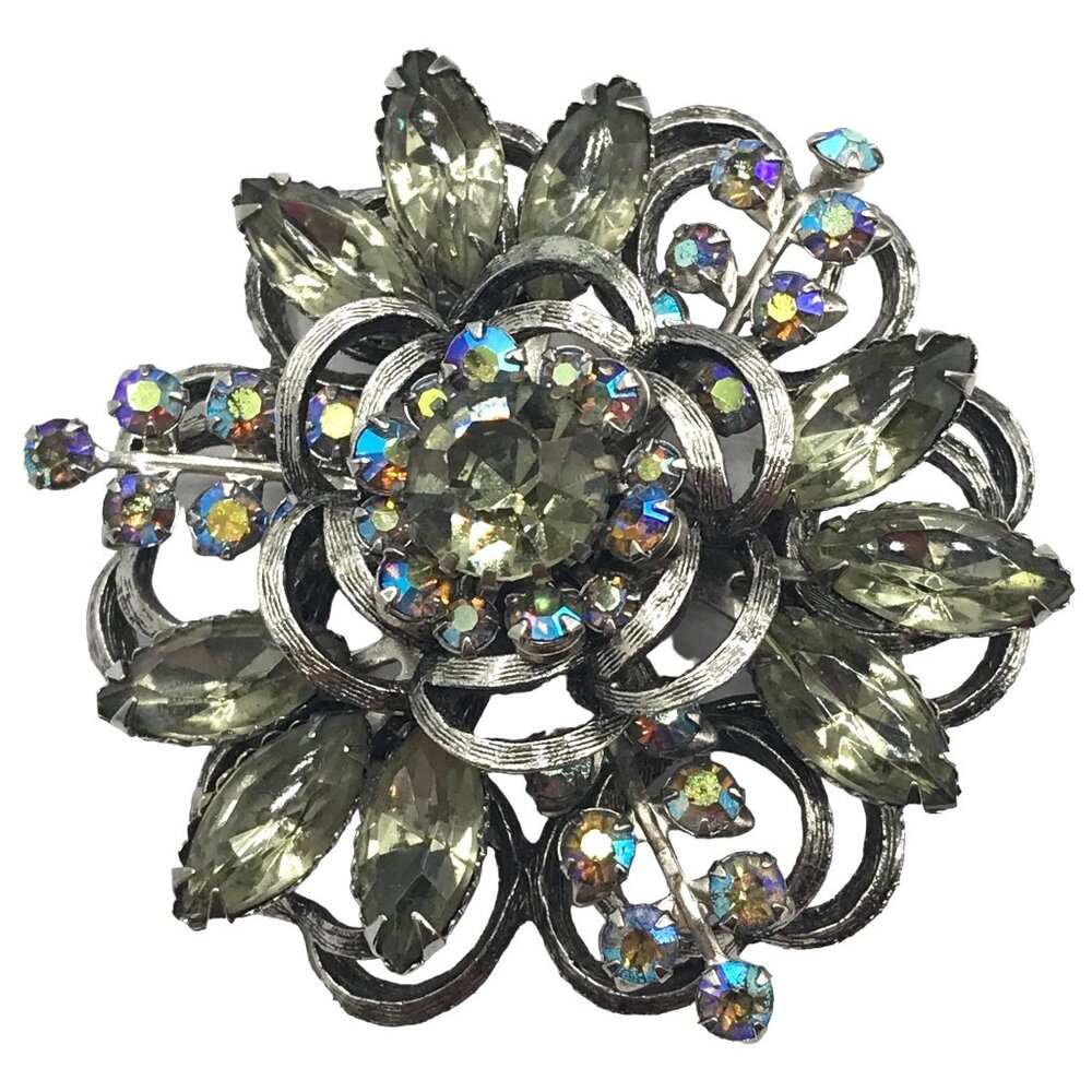 Selini Silver Tone AB, Gray Rhinestone Cluster Floral Brooch, Signed M99